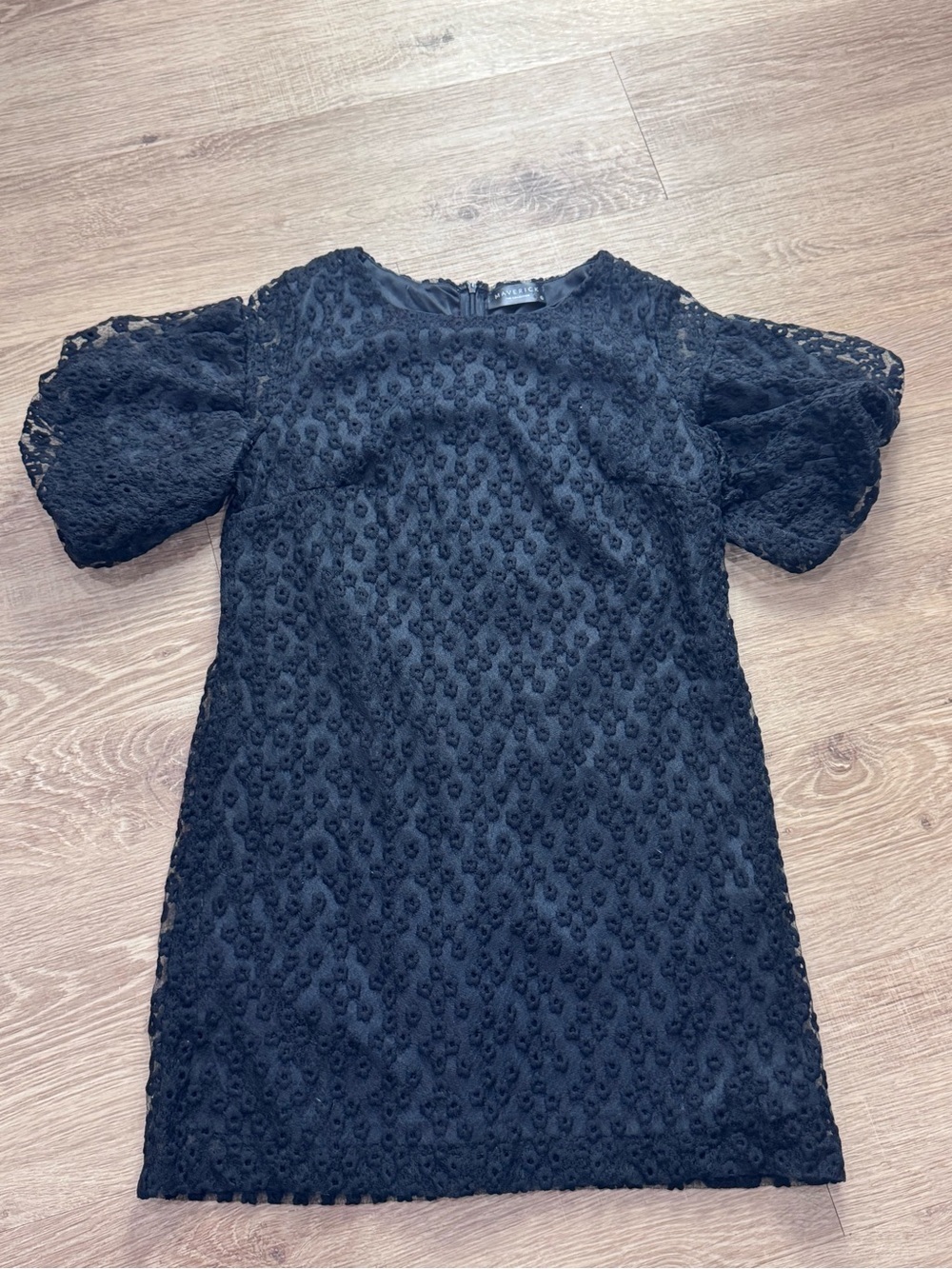 Maverick The Collection Black Textured Floral Lace Puff Sleeve Mini Dress L
